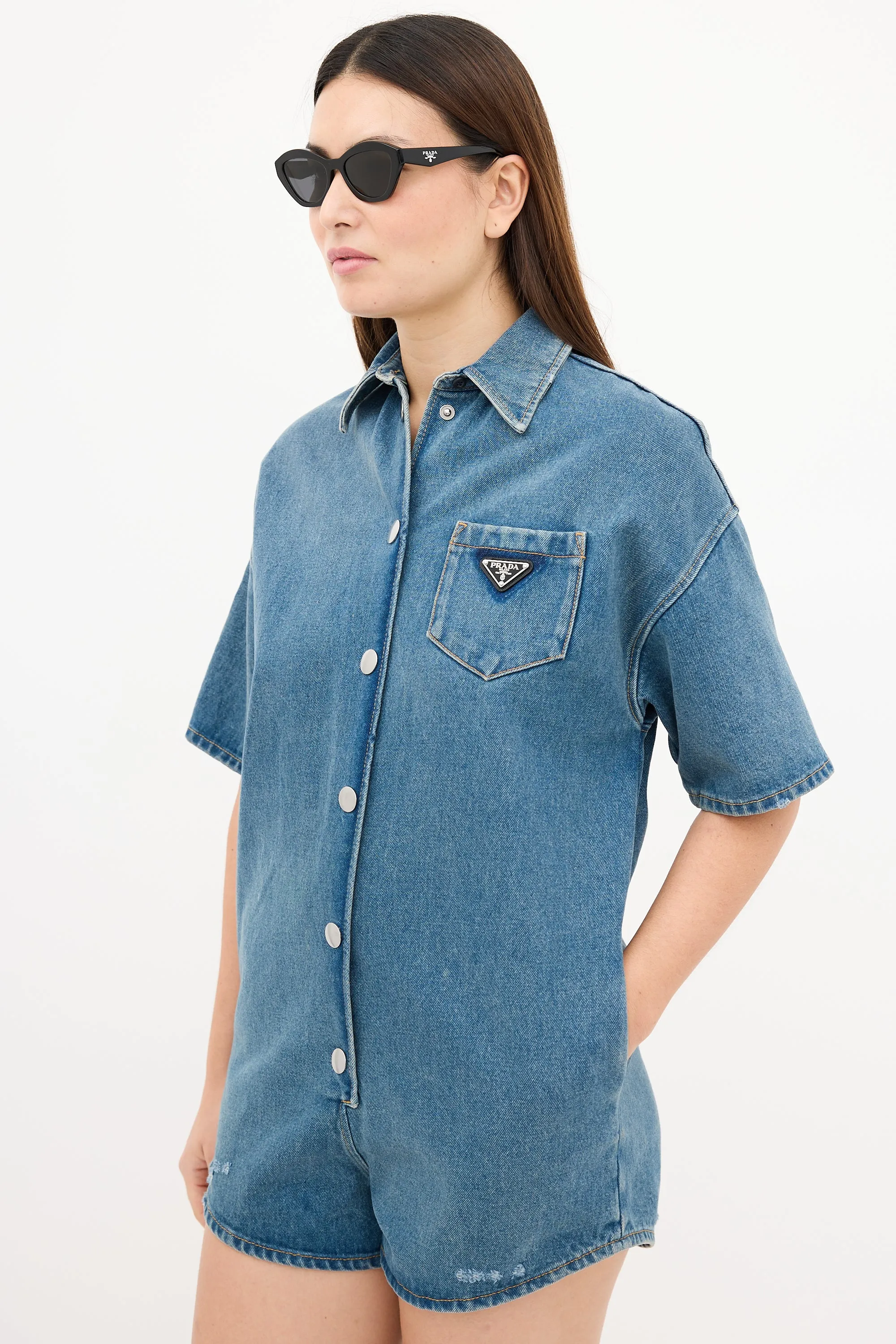 2022 Medium Wash Denim Button Up Romper