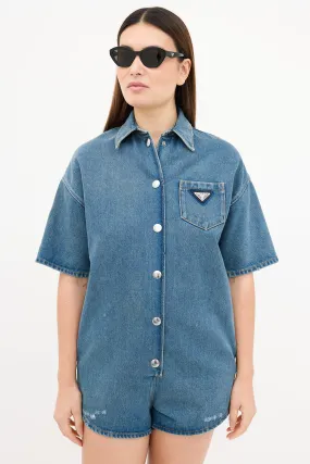 2022 Medium Wash Denim Button Up Romper