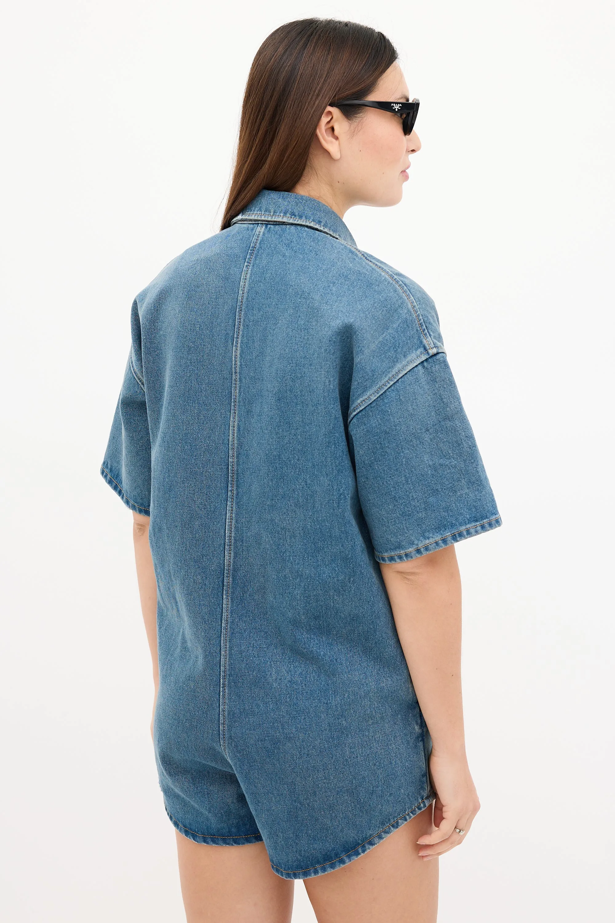 2022 Medium Wash Denim Button Up Romper