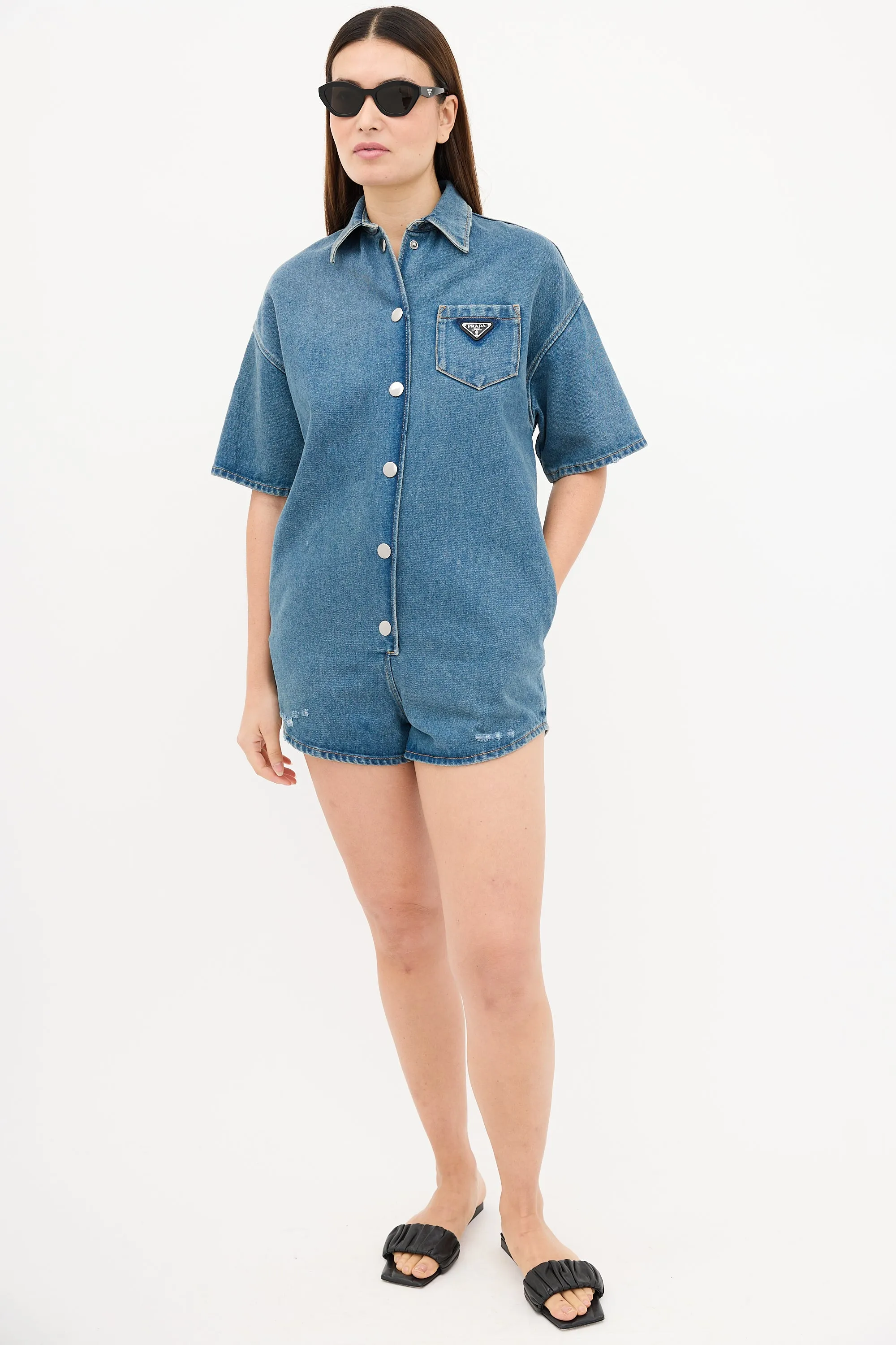 2022 Medium Wash Denim Button Up Romper