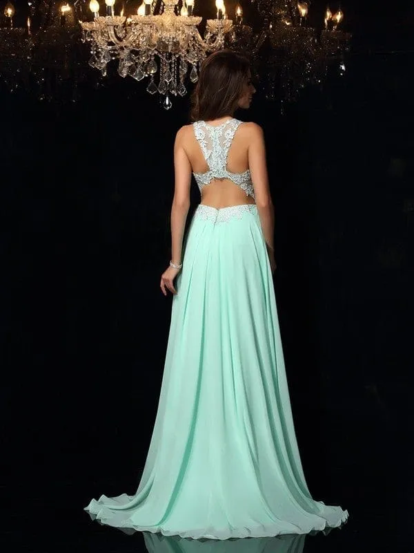 A-Line/Princess High Neck Applique Sleeveless Chiffon Evening Formal Dresses
