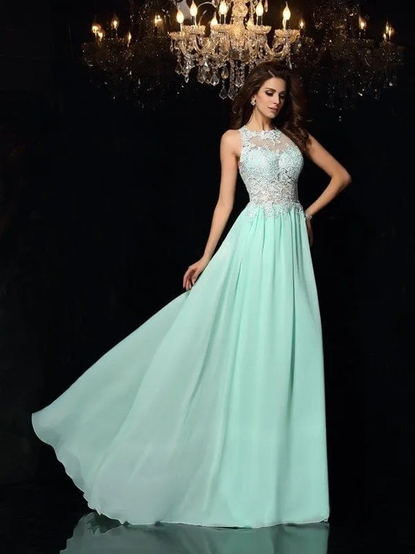 A-Line/Princess High Neck Applique Sleeveless Chiffon Evening Formal Dresses
