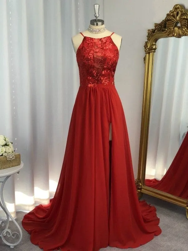 A-Line/Princess Sleeveless Halter Chiffon Applique Sweep/Brush Train Dresses