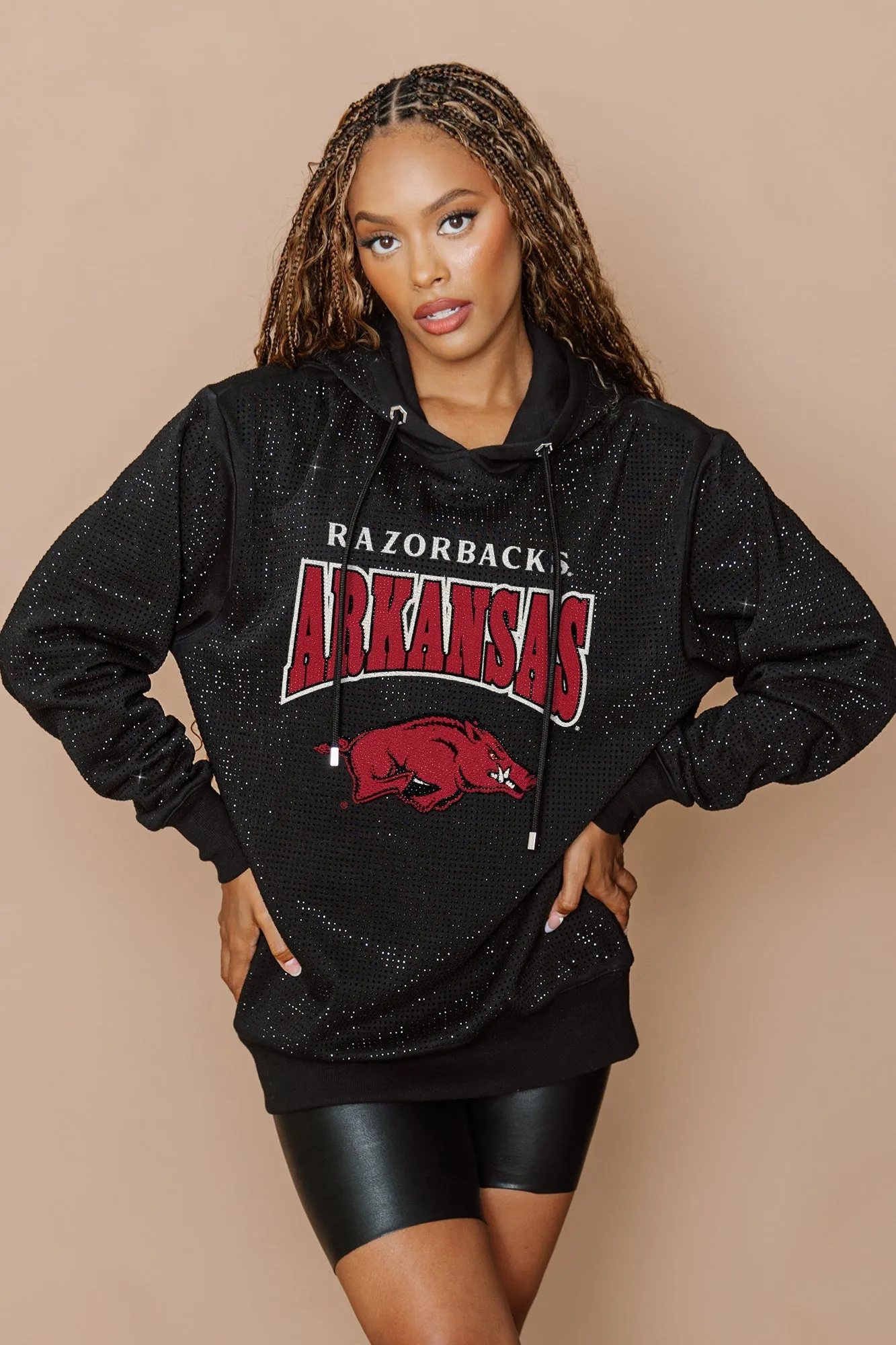 ARKANSAS RAZORBACKS SIDELINE SHIMMER ALL-OVER MICRO-RHINESTONE SPARKLE HOODED SWEATSHIRT