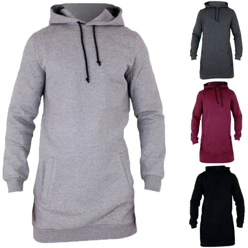 Autumn Winter Longline Fleecel Hoodies Men Hooded Sweatshirt Male Casual Hip Hop Hoody Tracksuit Pullover Solid Design Plus Size