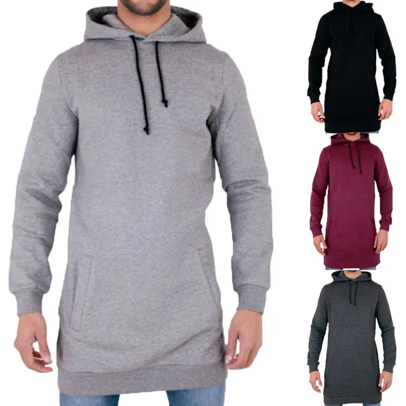Autumn Winter Longline Fleecel Hoodies Men Hooded Sweatshirt Male Casual Hip Hop Hoody Tracksuit Pullover Solid Design Plus Size