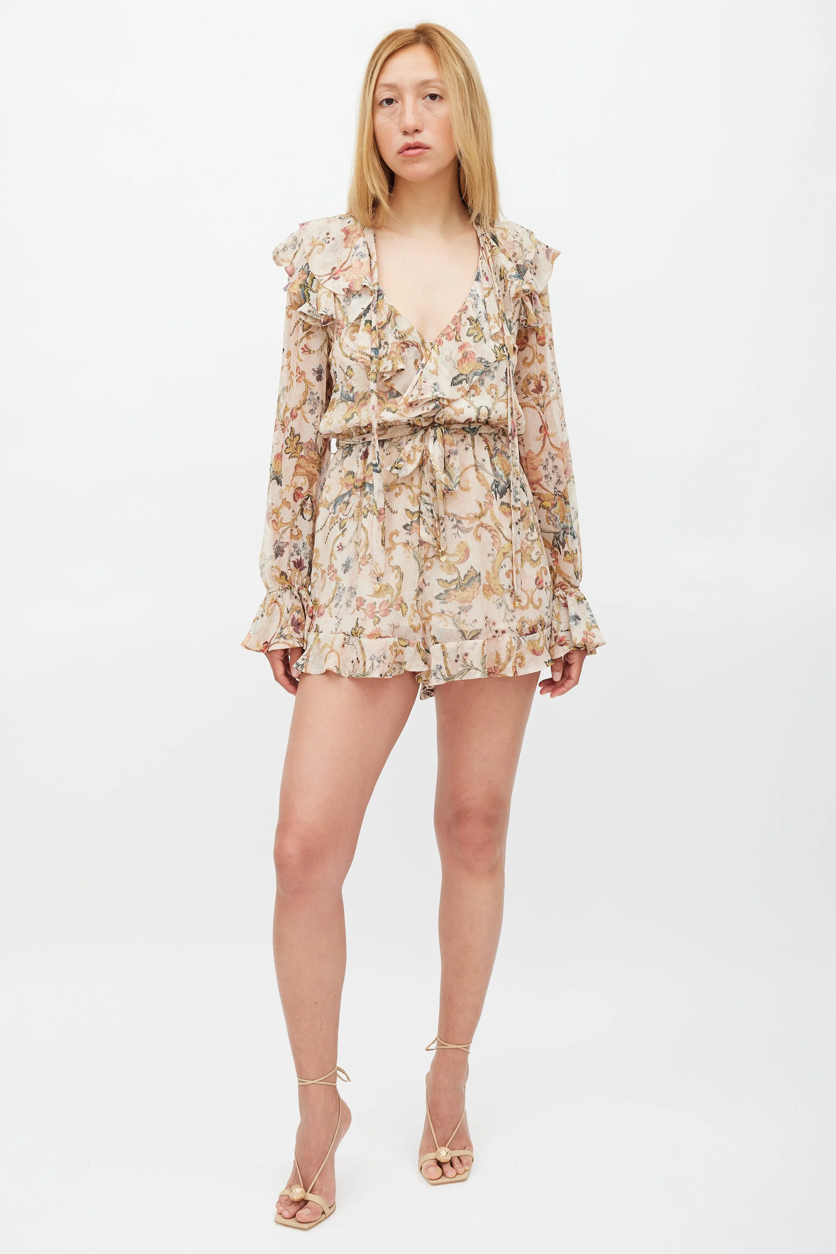 Beige & Multicolour Floral Heart Cascade Romper