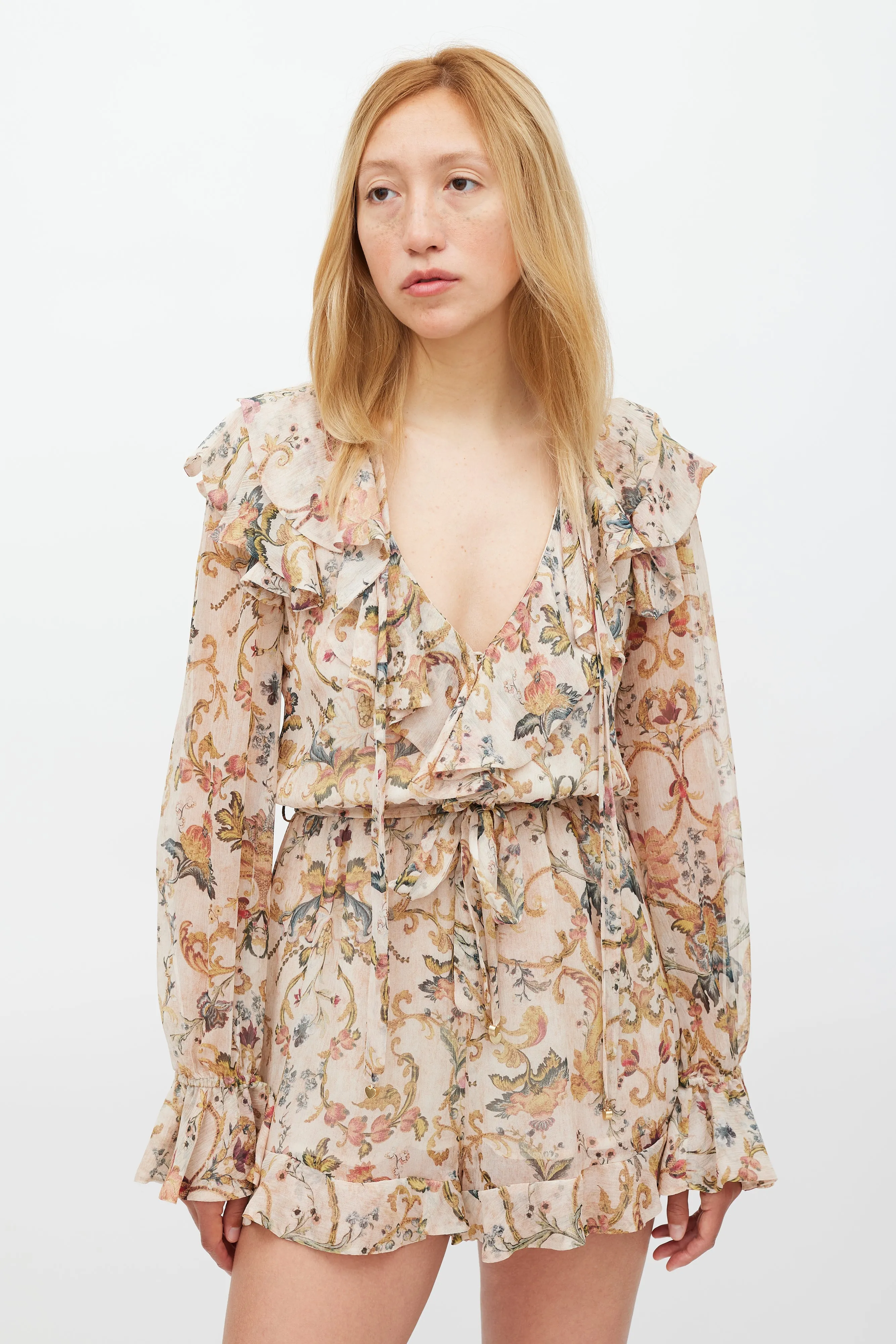 Beige & Multicolour Floral Heart Cascade Romper