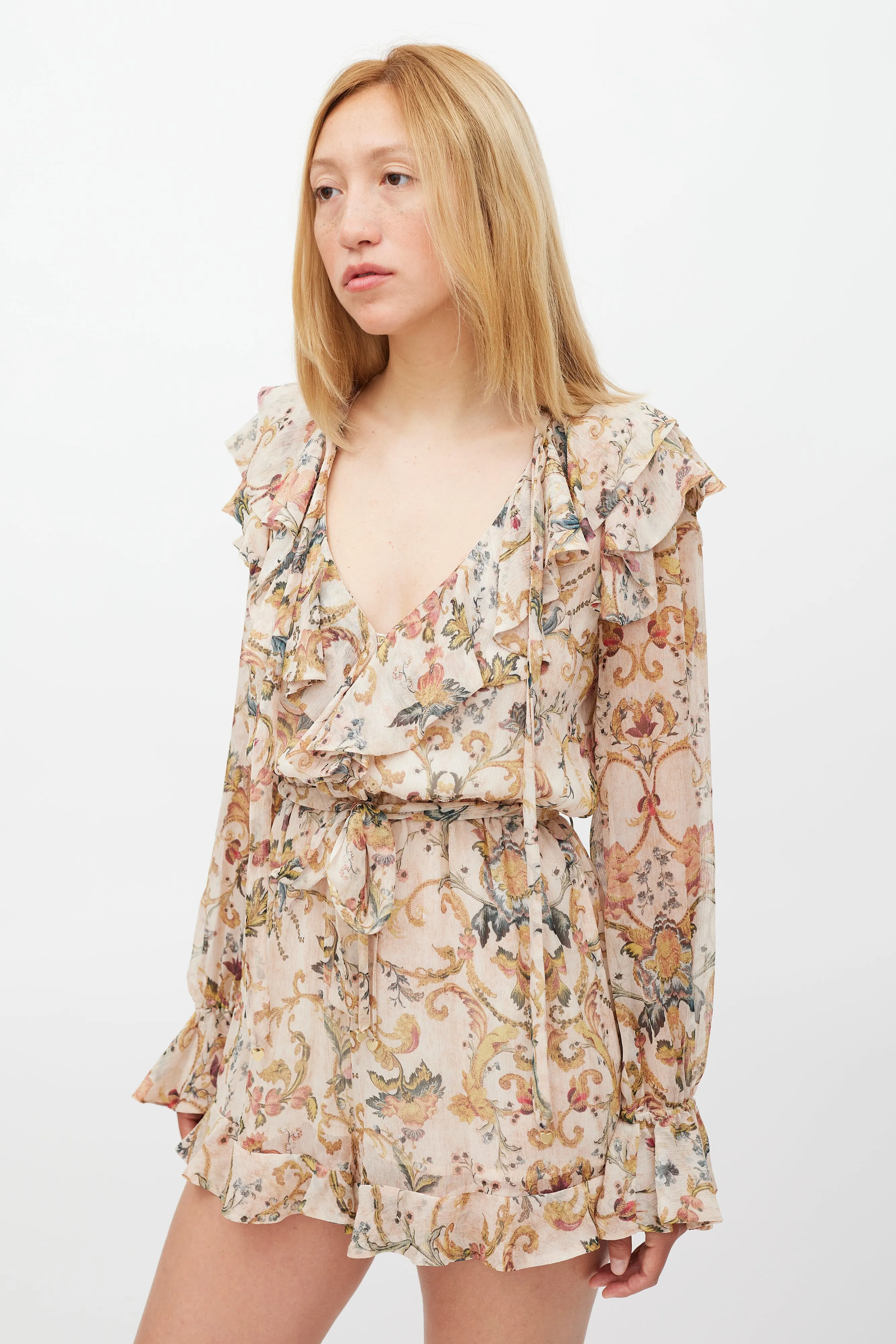 Beige & Multicolour Floral Heart Cascade Romper