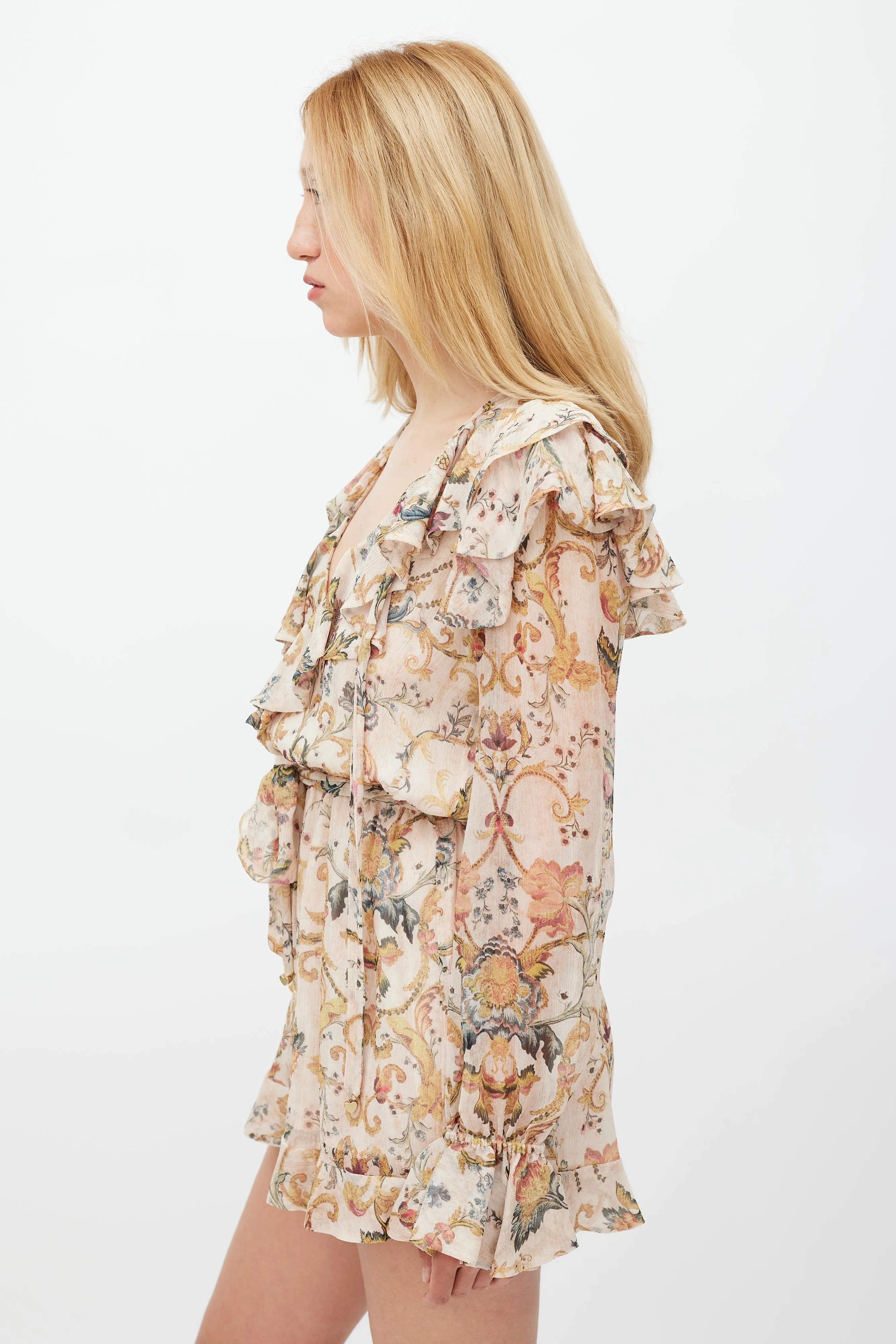 Beige & Multicolour Floral Heart Cascade Romper
