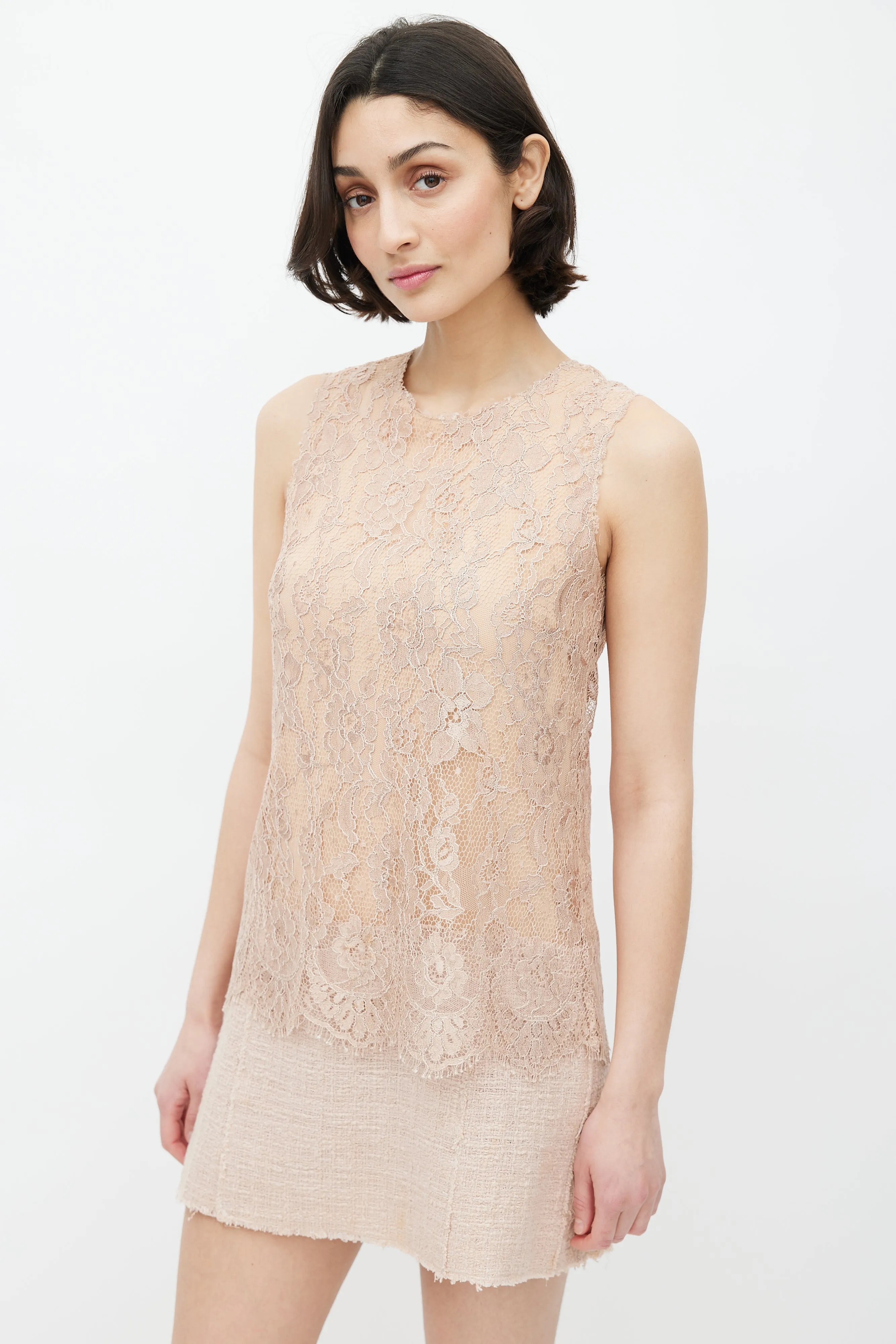 Beige Lace & Tweed Sleeveless Dress