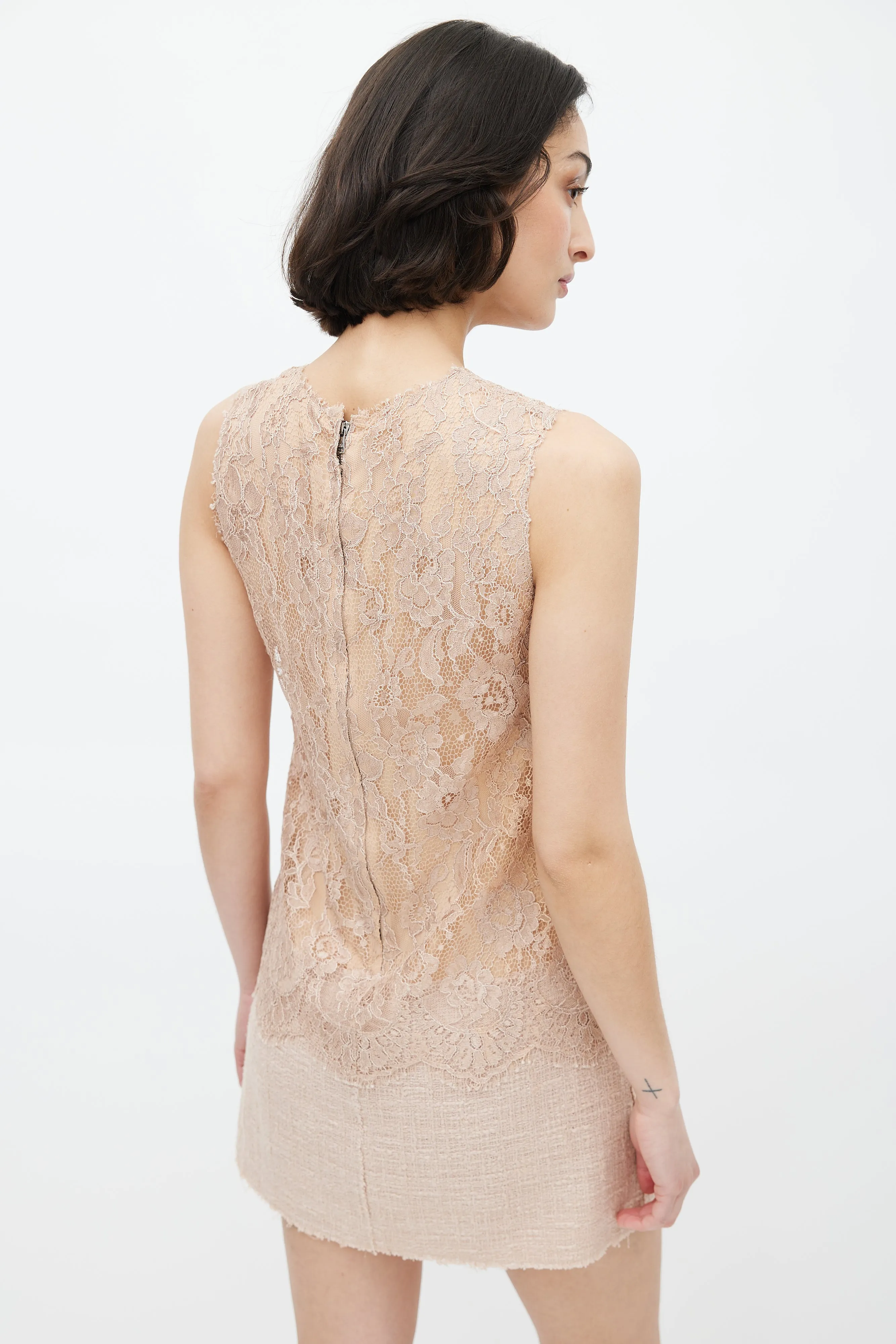 Beige Lace & Tweed Sleeveless Dress