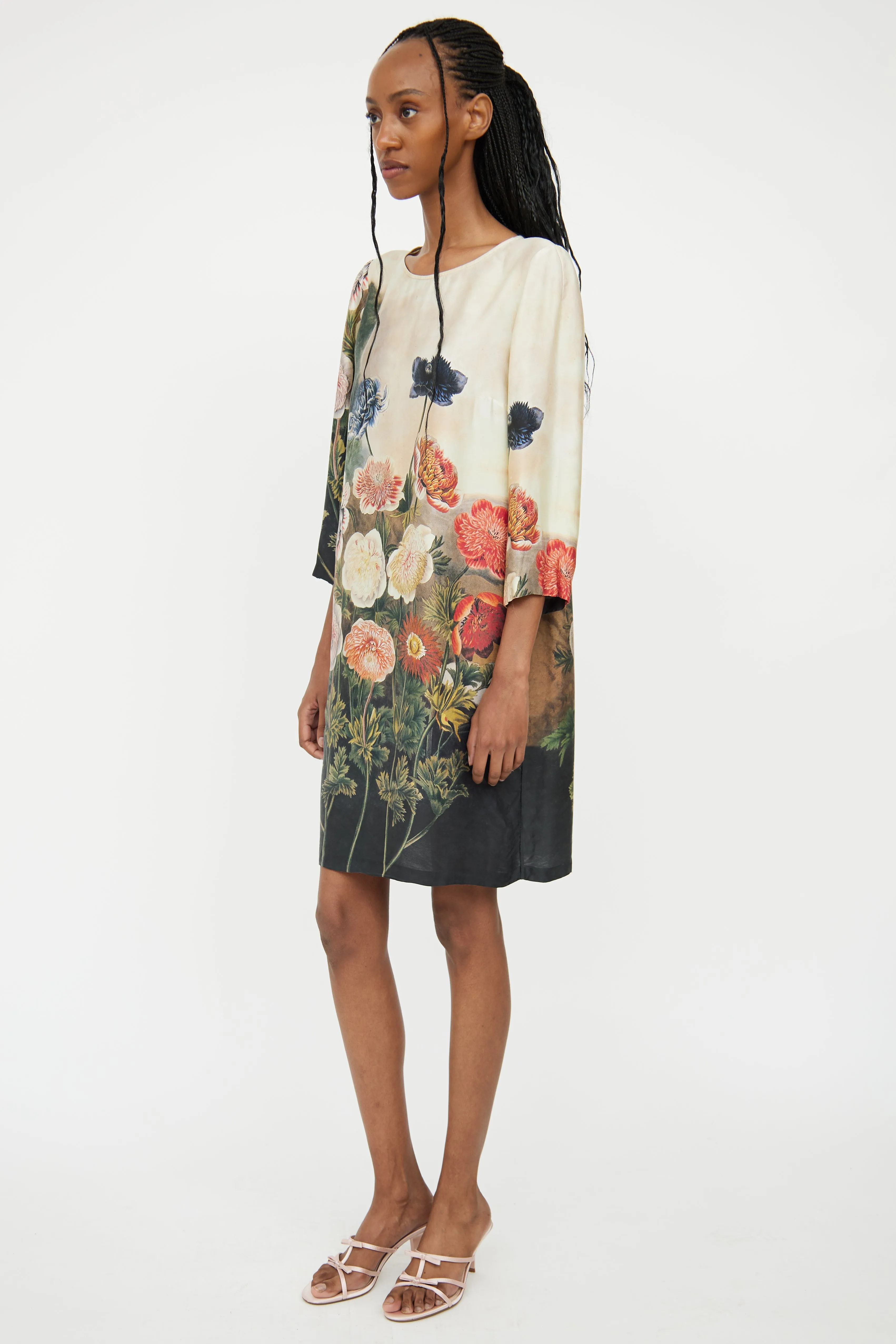 Beige Silk & Floral Shift Dress