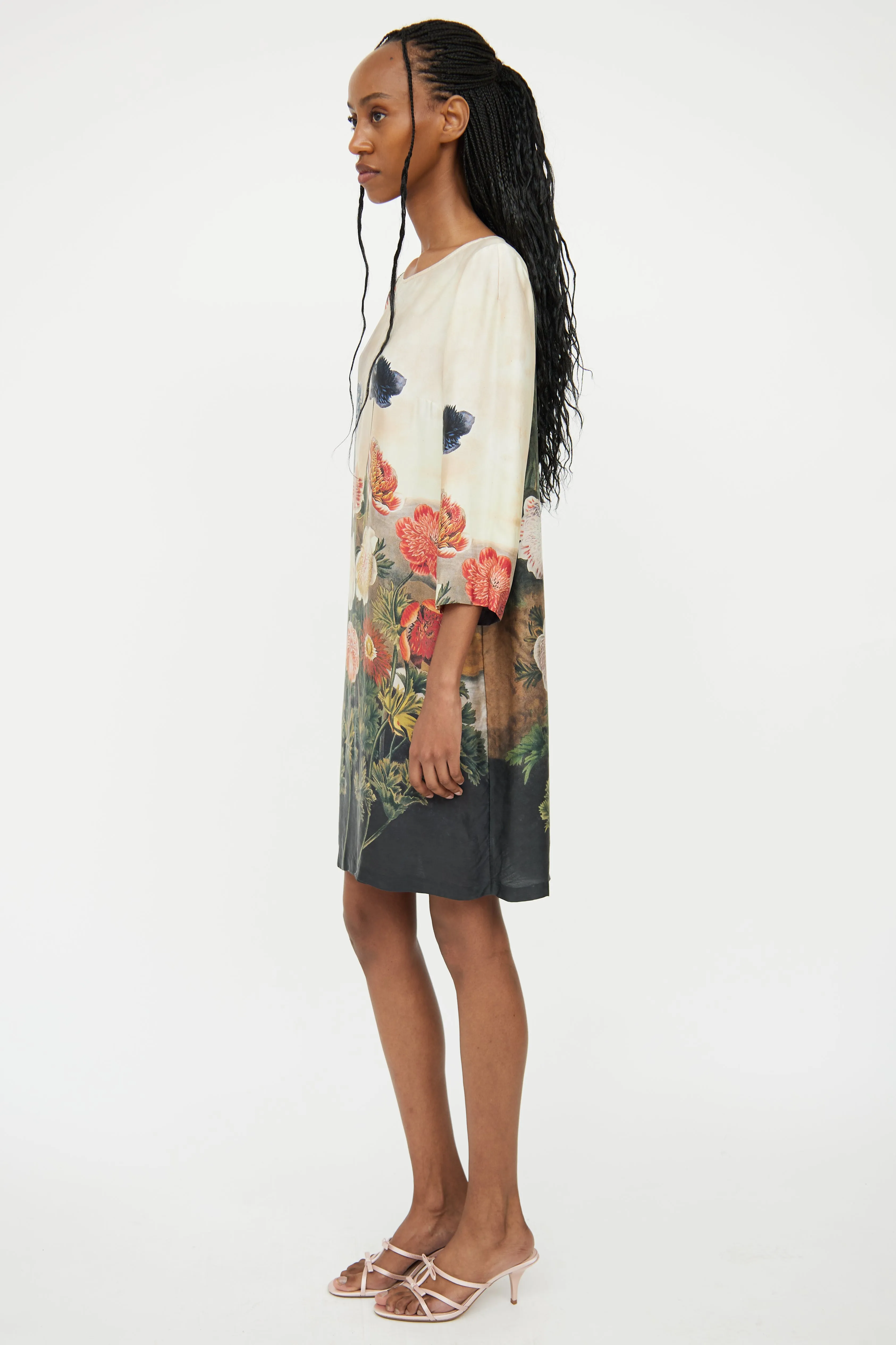 Beige Silk & Floral Shift Dress