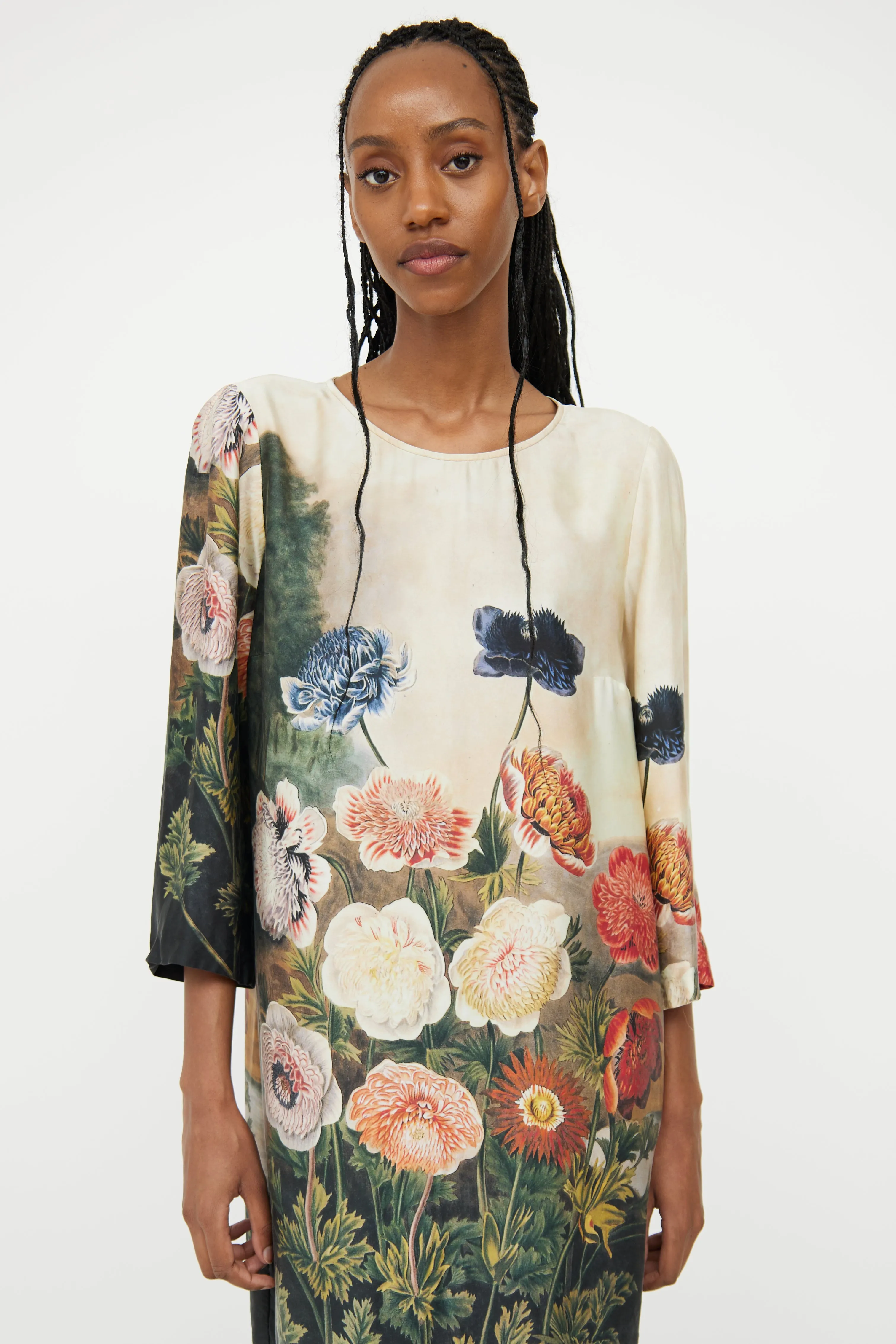 Beige Silk & Floral Shift Dress