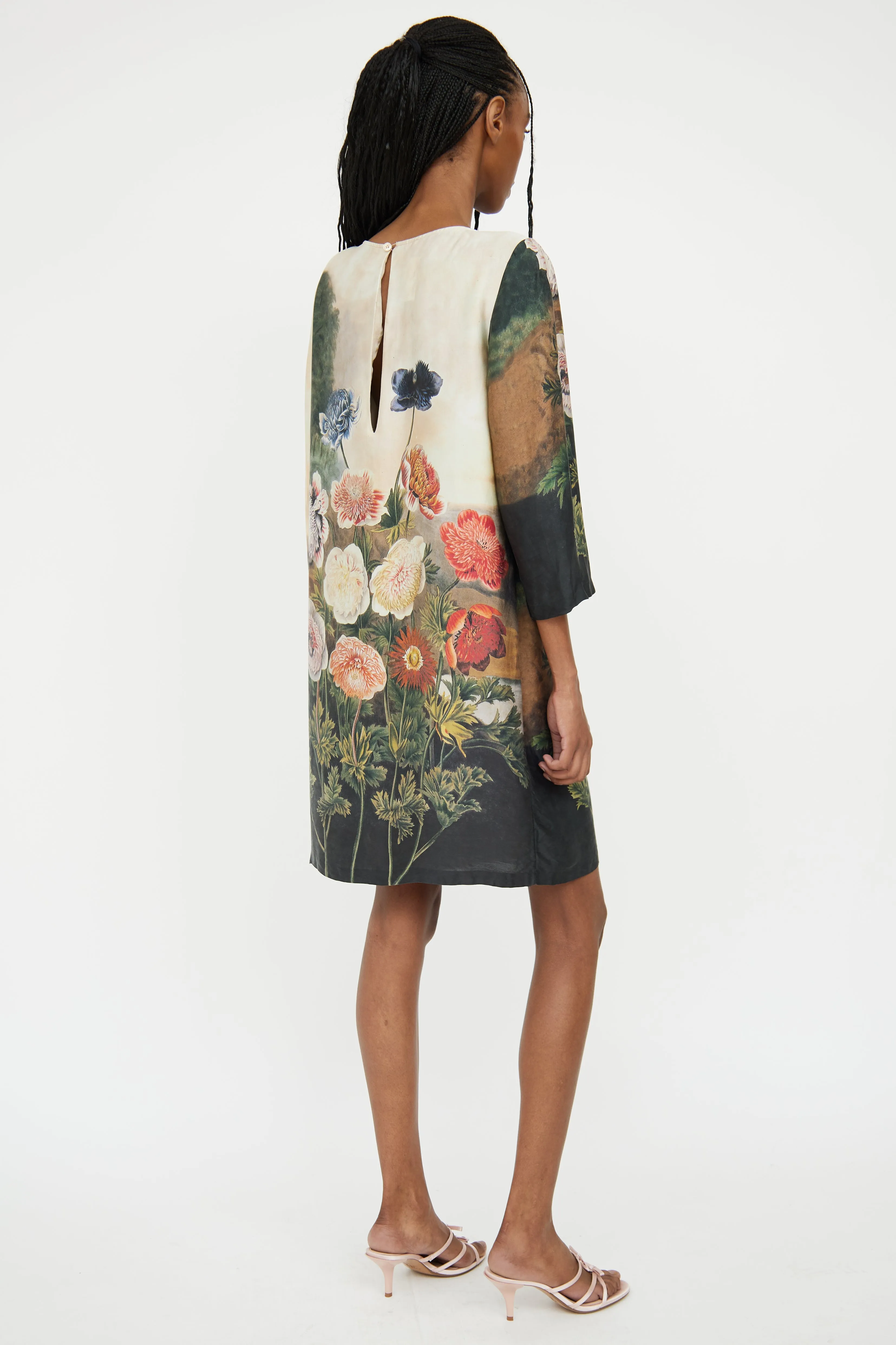Beige Silk & Floral Shift Dress