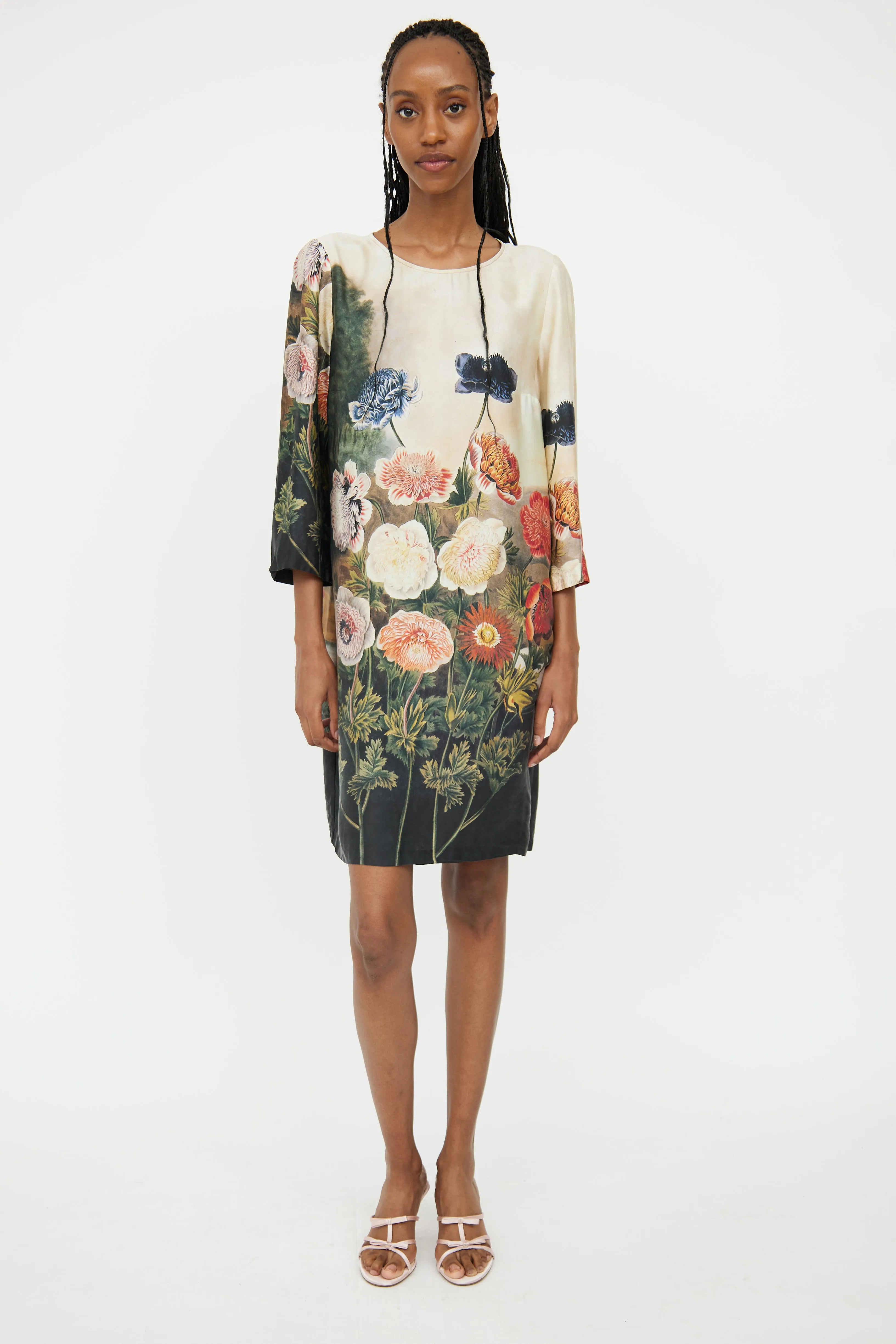 Beige Silk & Floral Shift Dress