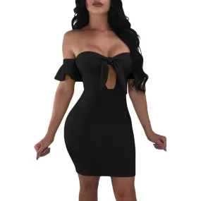 Bell Sleeve Mini Off Shoulder Openwork High Waist Bodycon Dresses