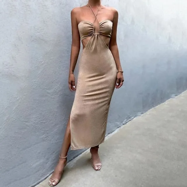DressBetty - Women Halter Cut Out Backless Corset Midi Dress High Waist Split Slim Dresses Autumn Party Club Kawaii Elegant Robe