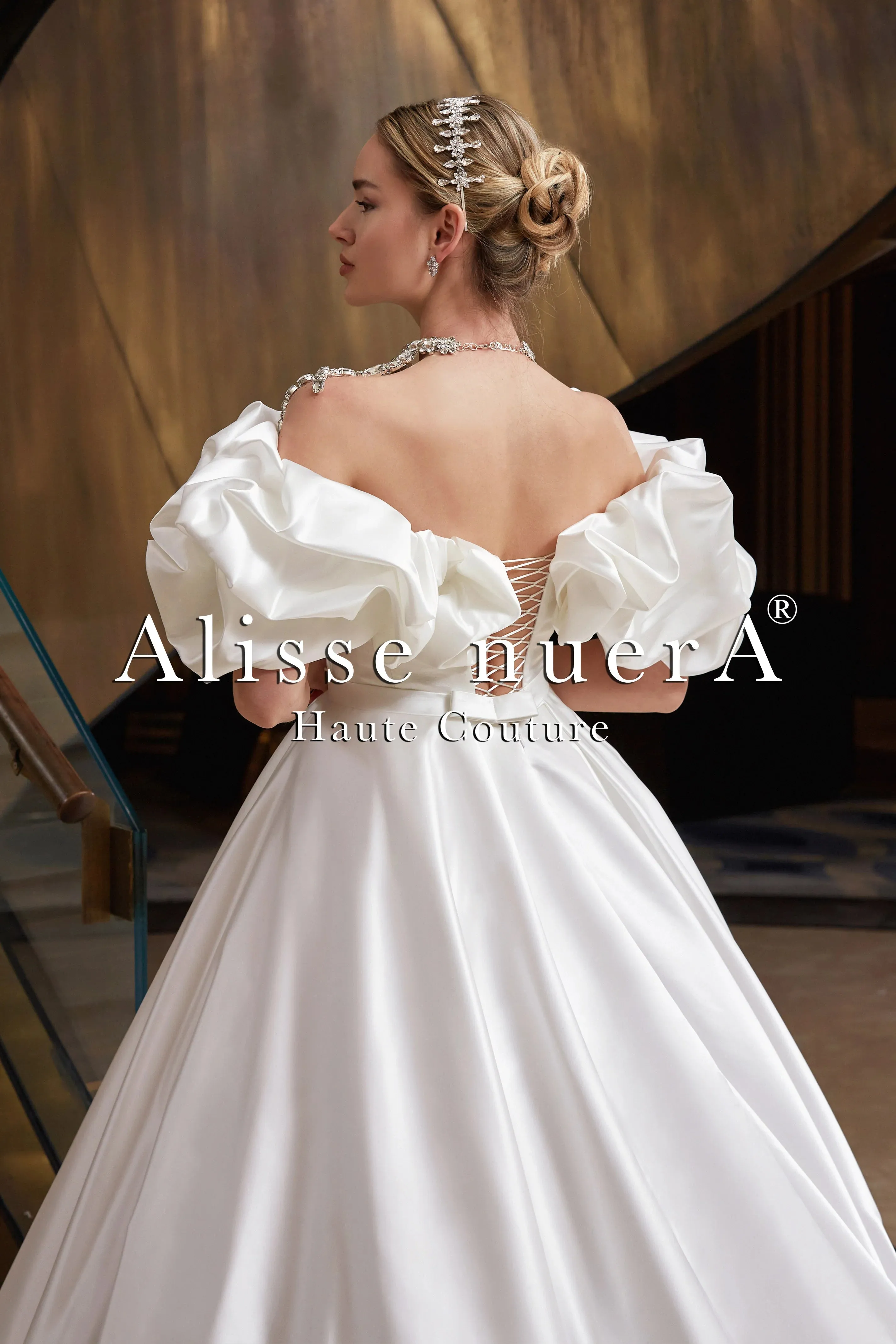 Empire Waist Satin Draped Puff Sleeve Ball Gown Bridal Dress with Rhinestone Bridal Necklace