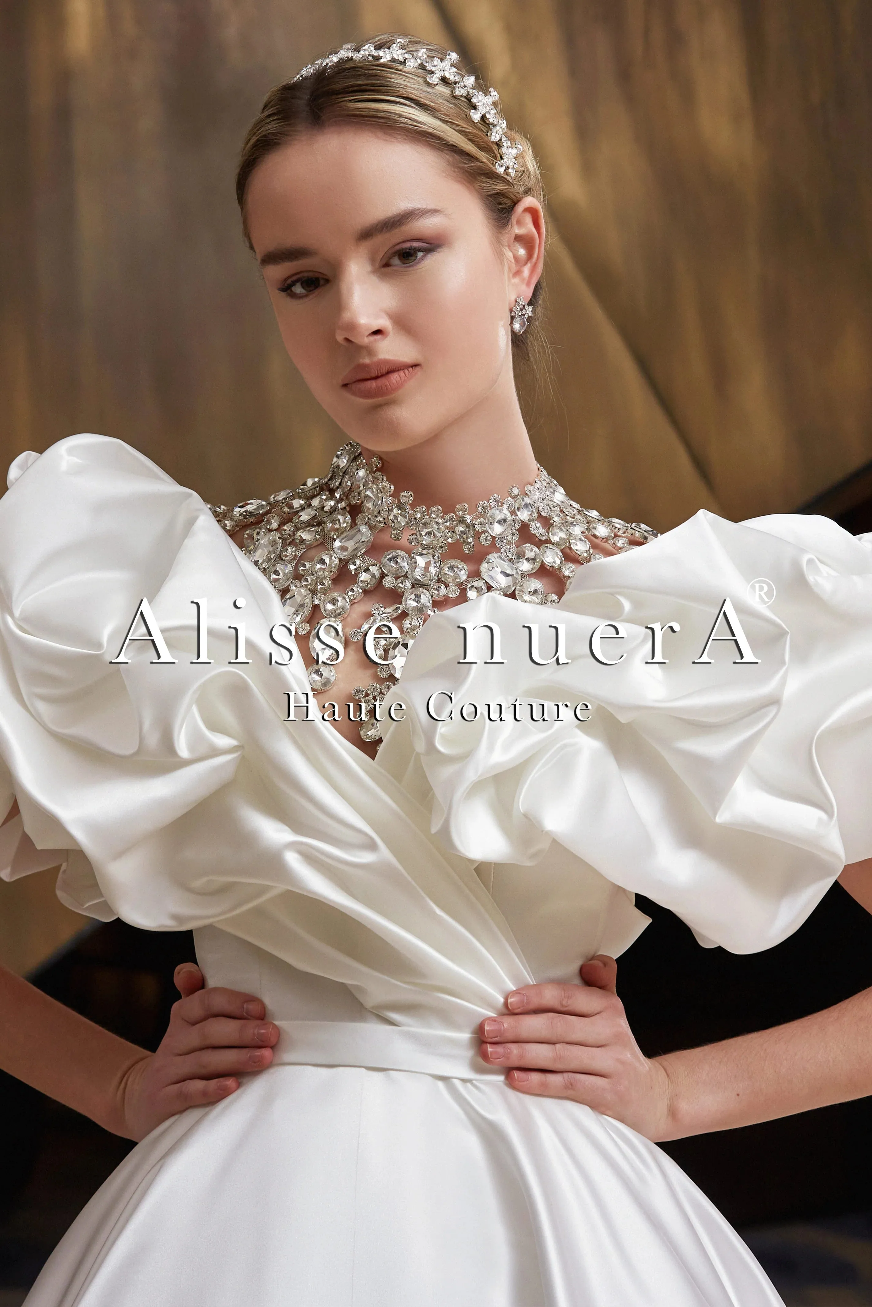 Empire Waist Satin Draped Puff Sleeve Ball Gown Bridal Dress with Rhinestone Bridal Necklace