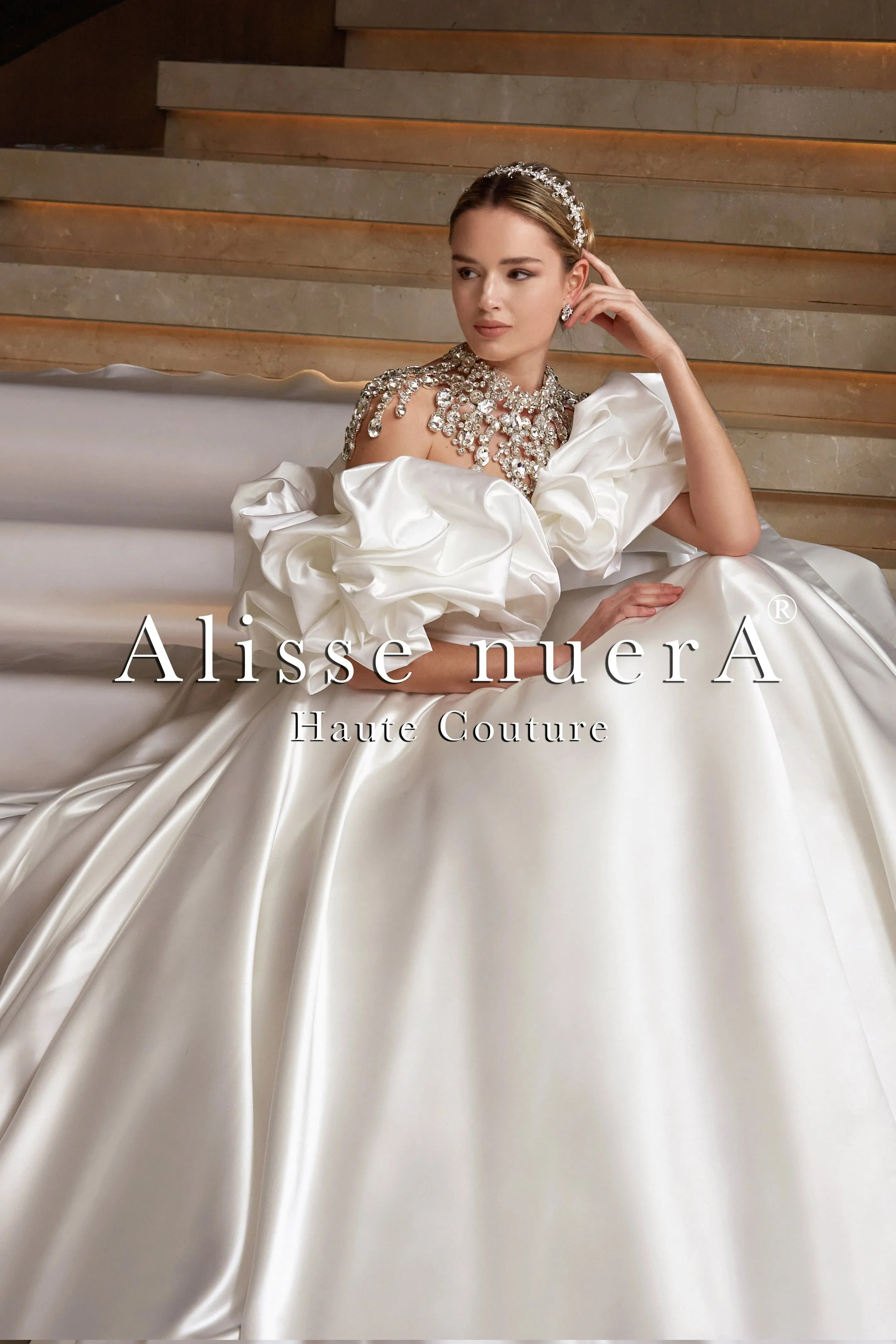Empire Waist Satin Draped Puff Sleeve Ball Gown Bridal Dress with Rhinestone Bridal Necklace