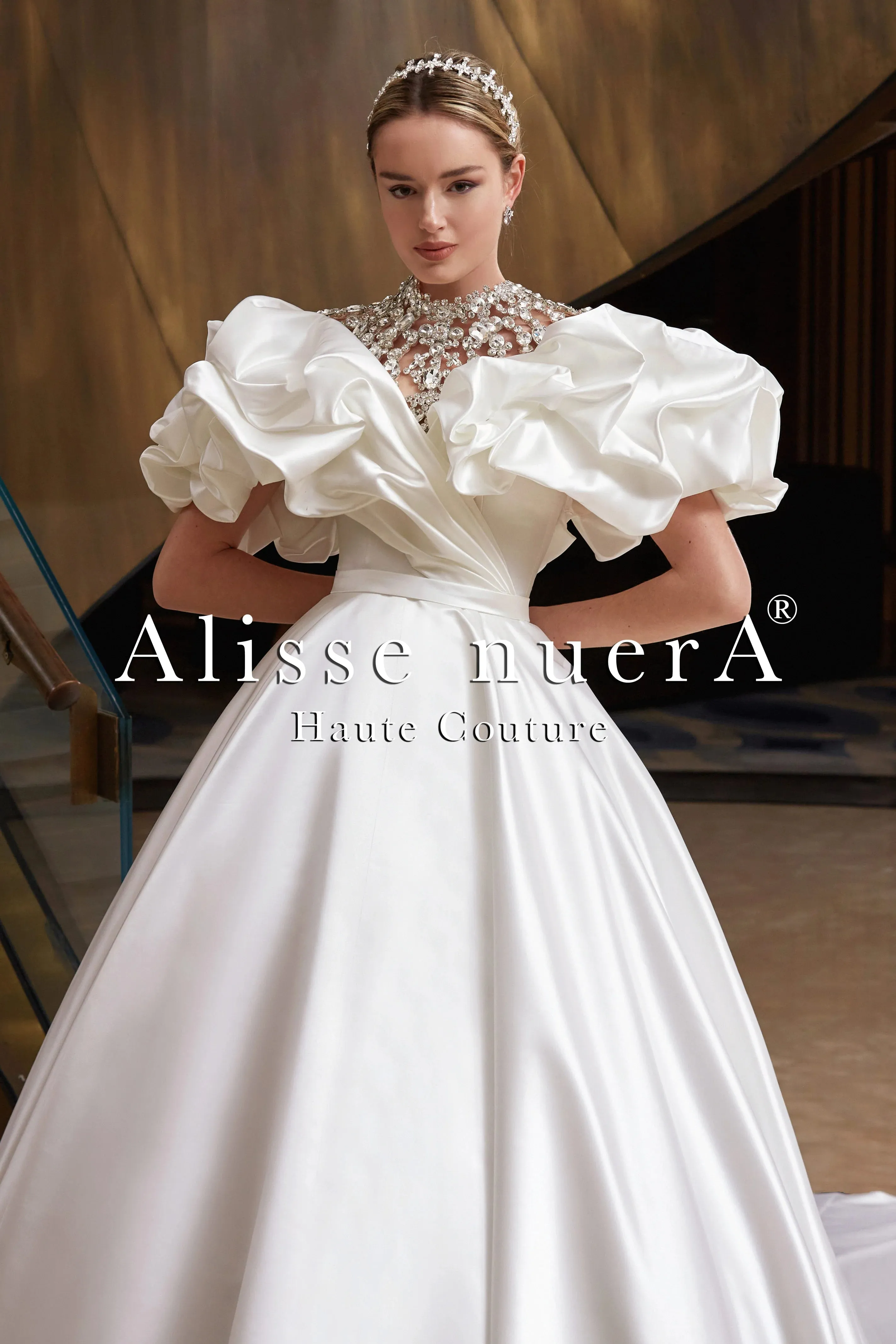 Empire Waist Satin Draped Puff Sleeve Ball Gown Bridal Dress with Rhinestone Bridal Necklace