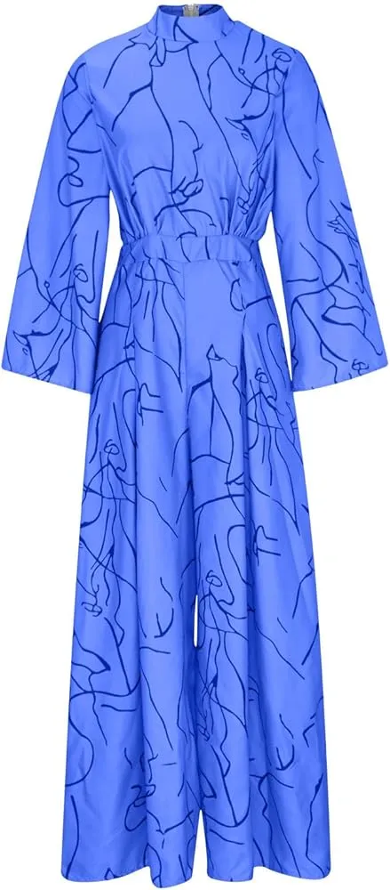 Formal Jumpsuits for Women Elegant Mock Neck Flare Long Sleeve Printed Rompers Wide Leg Jumpsuits for Wedding Guest    B64392