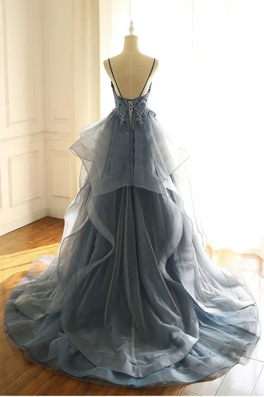 Gorgeous Spaghetti Straps Navy Prom Dress V Neck Ruffles Party Dress