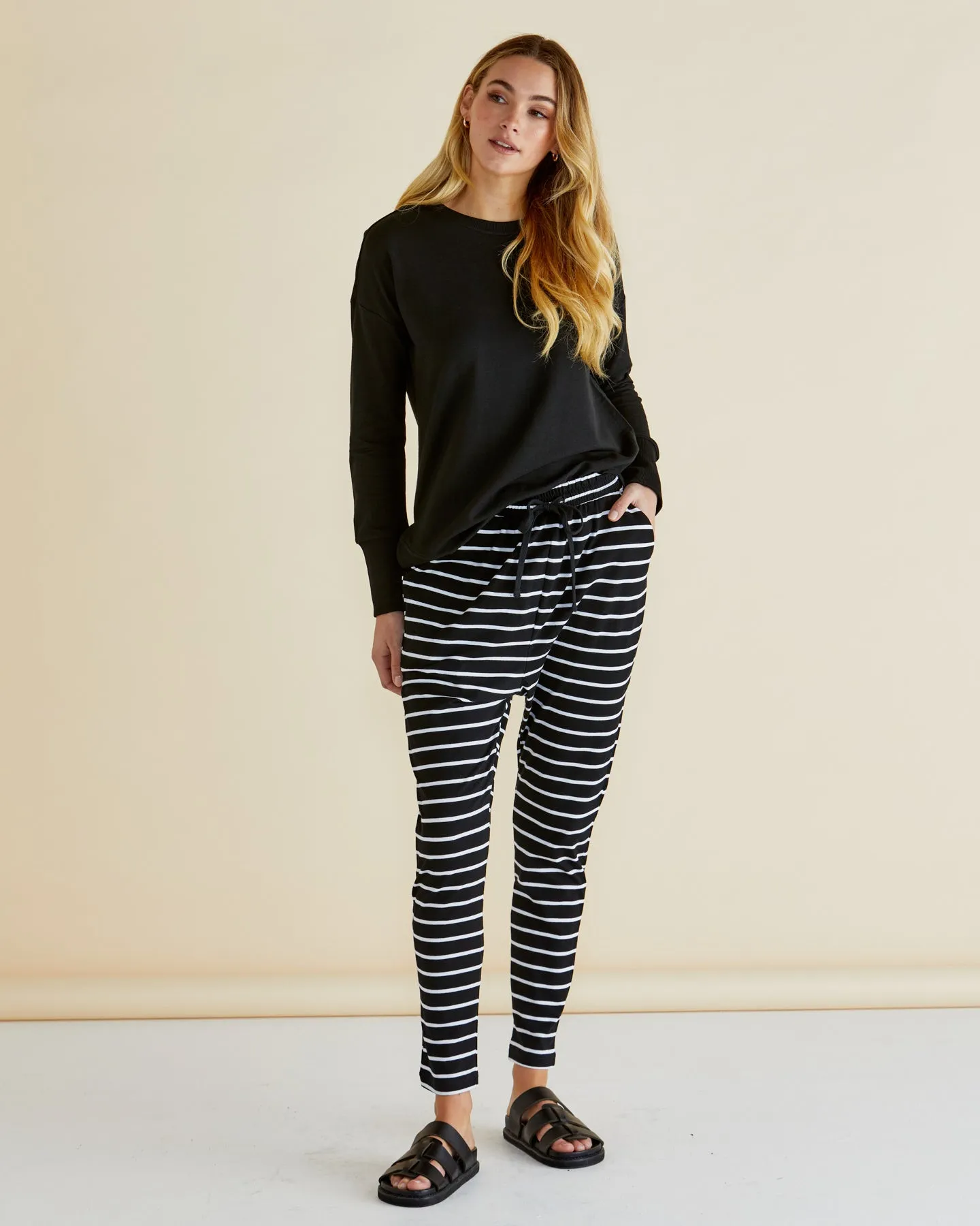 Jade Drop-Crotch Pants - Black / White Stripe