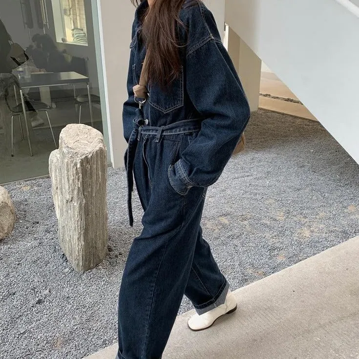 [Korean Style] Christine Denim Belted High Waist Romper Overall