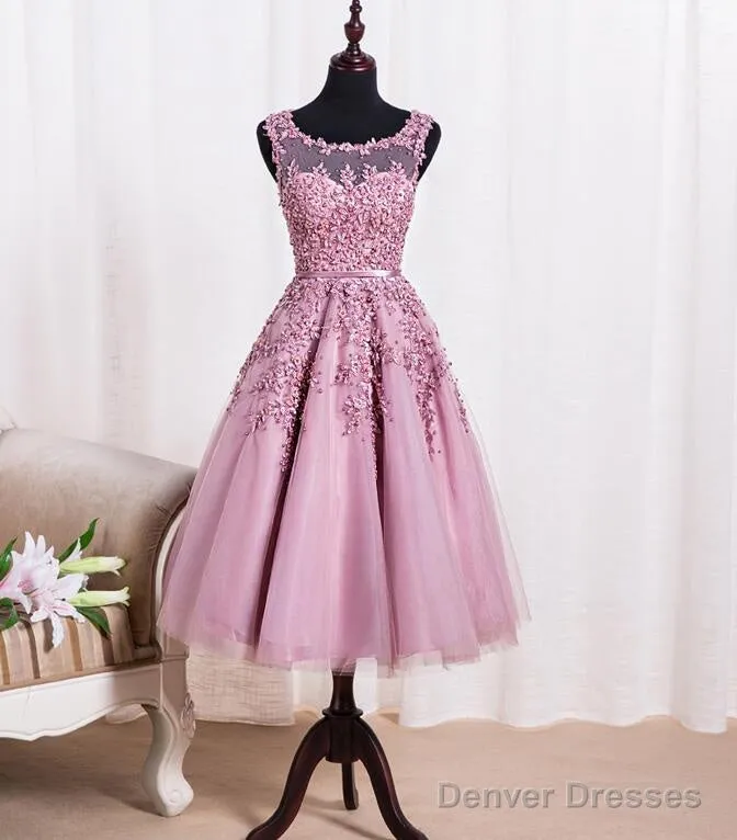 Pink Tea Length School Homecoming Dresses, Applique Pearls  Short Prom Dresses, Pink Party Dresses