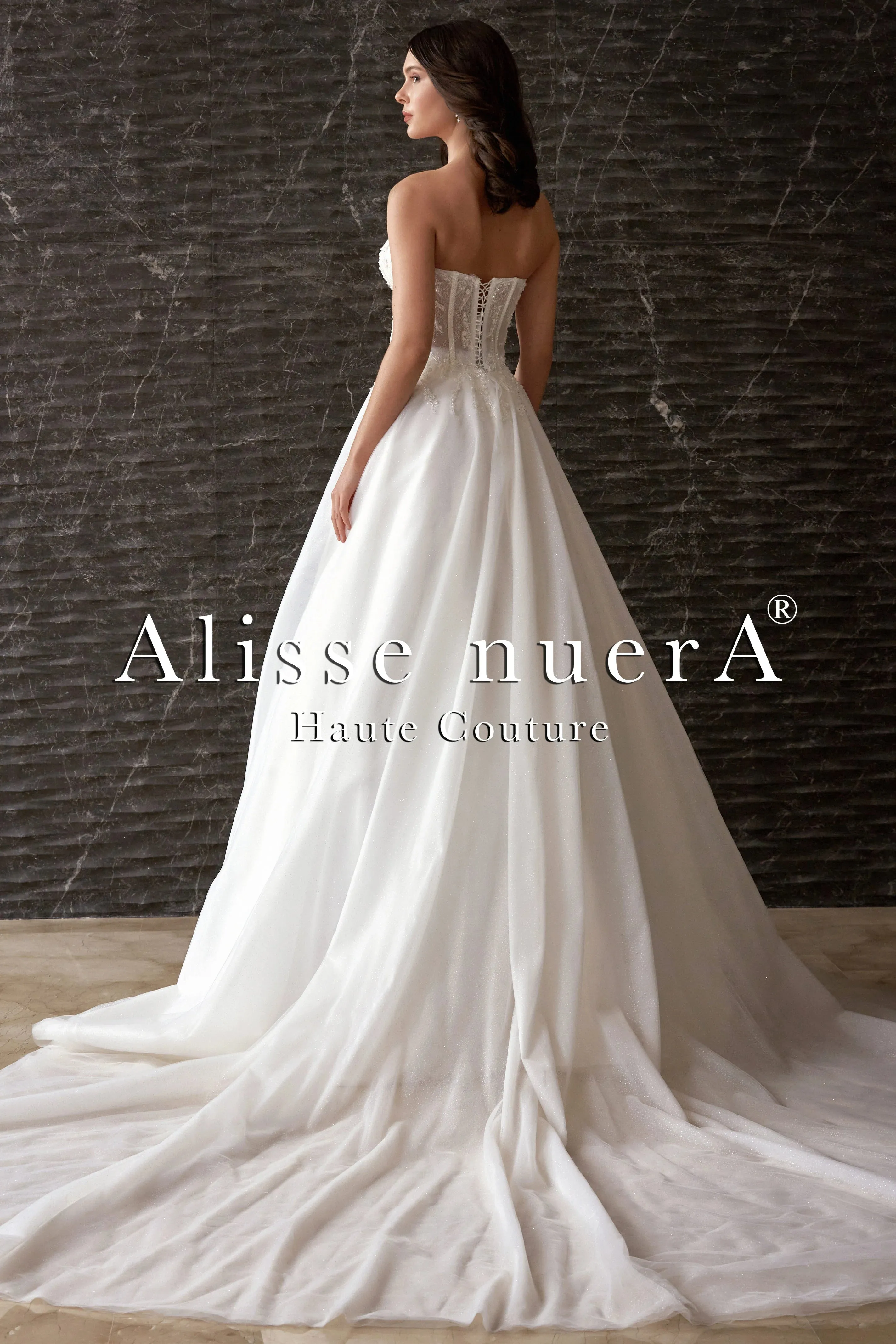 Plunging Corset Top Floral Sequined Shiny Tulle Fairy Bridal Dress