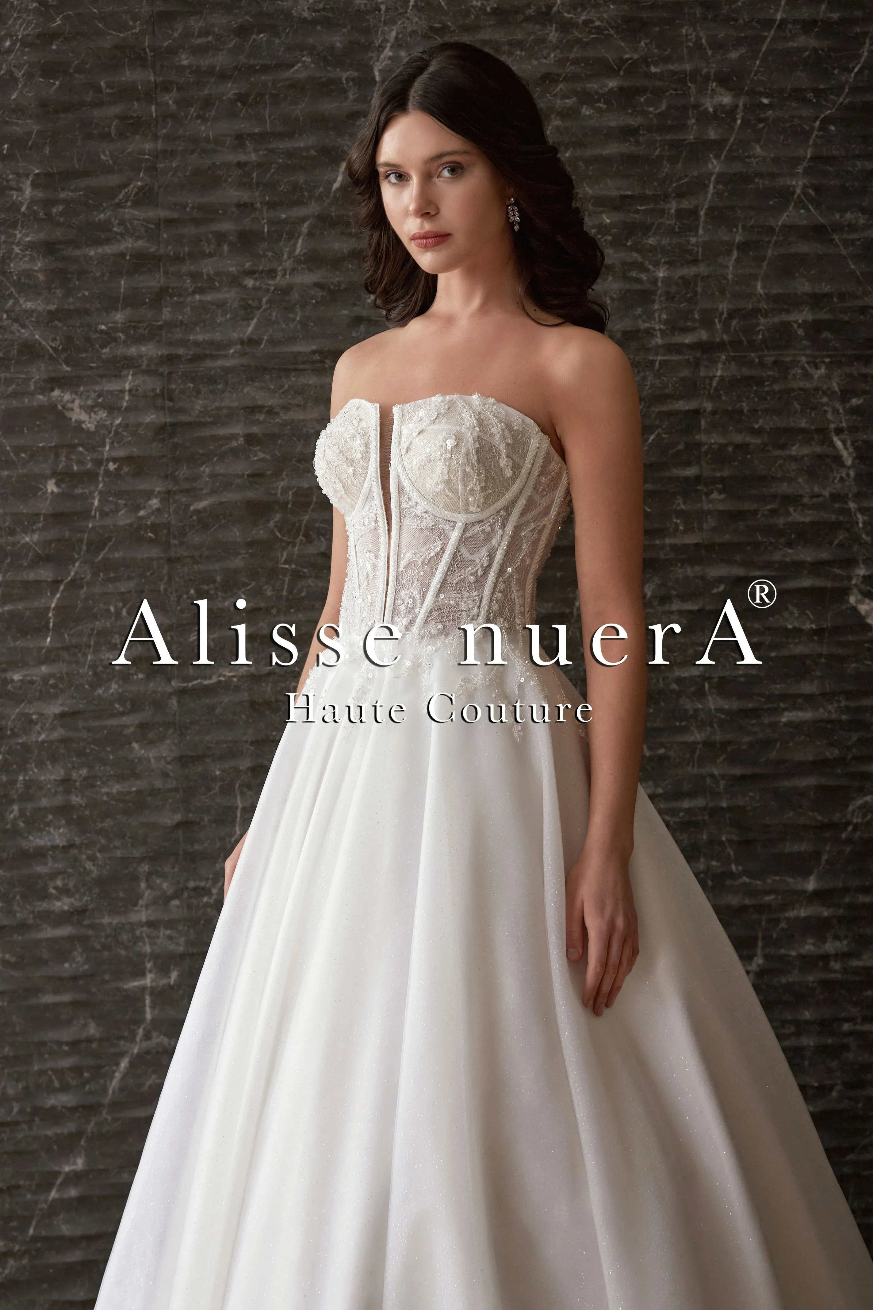 Plunging Corset Top Floral Sequined Shiny Tulle Fairy Bridal Dress