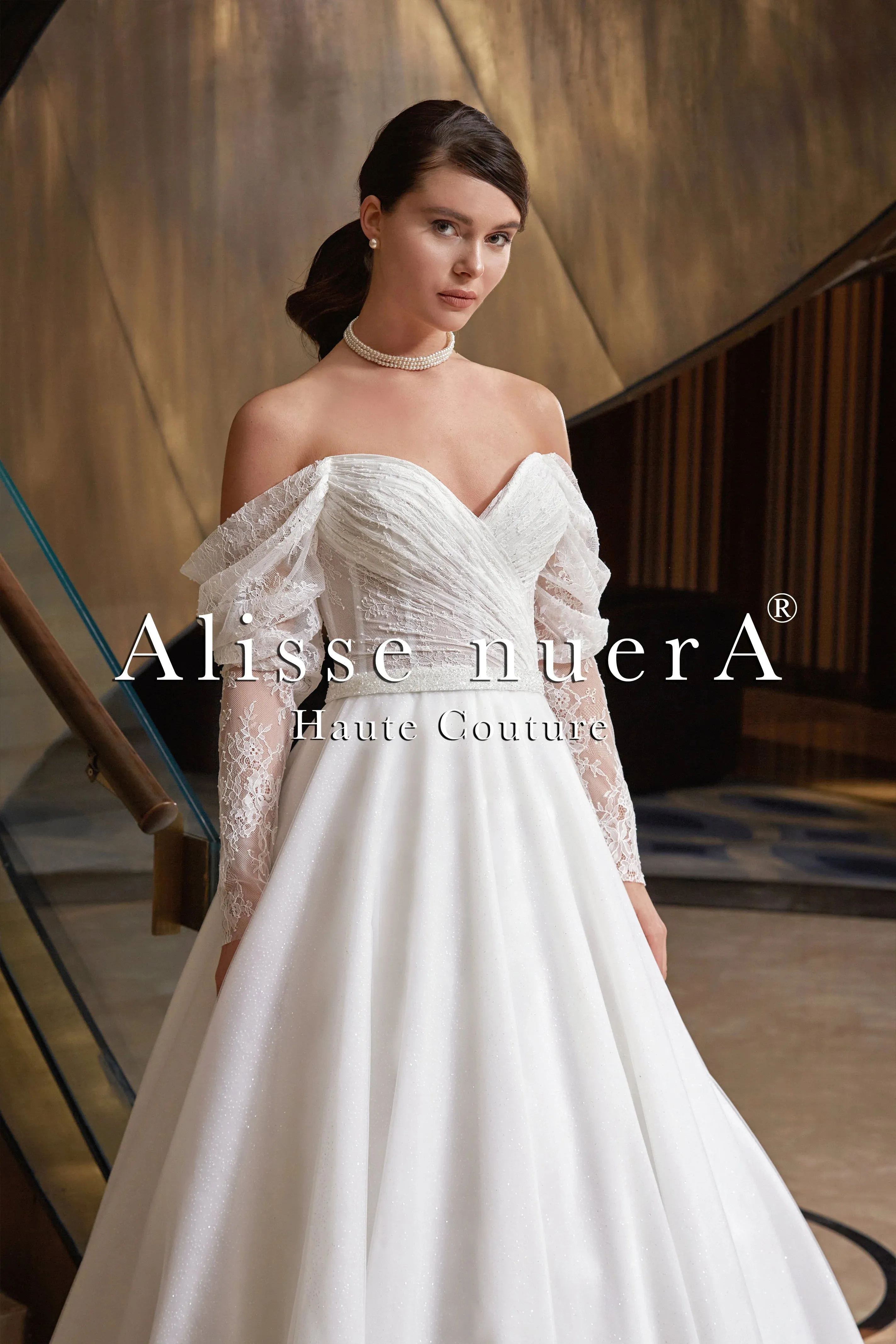 Romantic Off Shoulder Drape Sleeve Surplice Bridal Gown with Sparkling Stone Belt