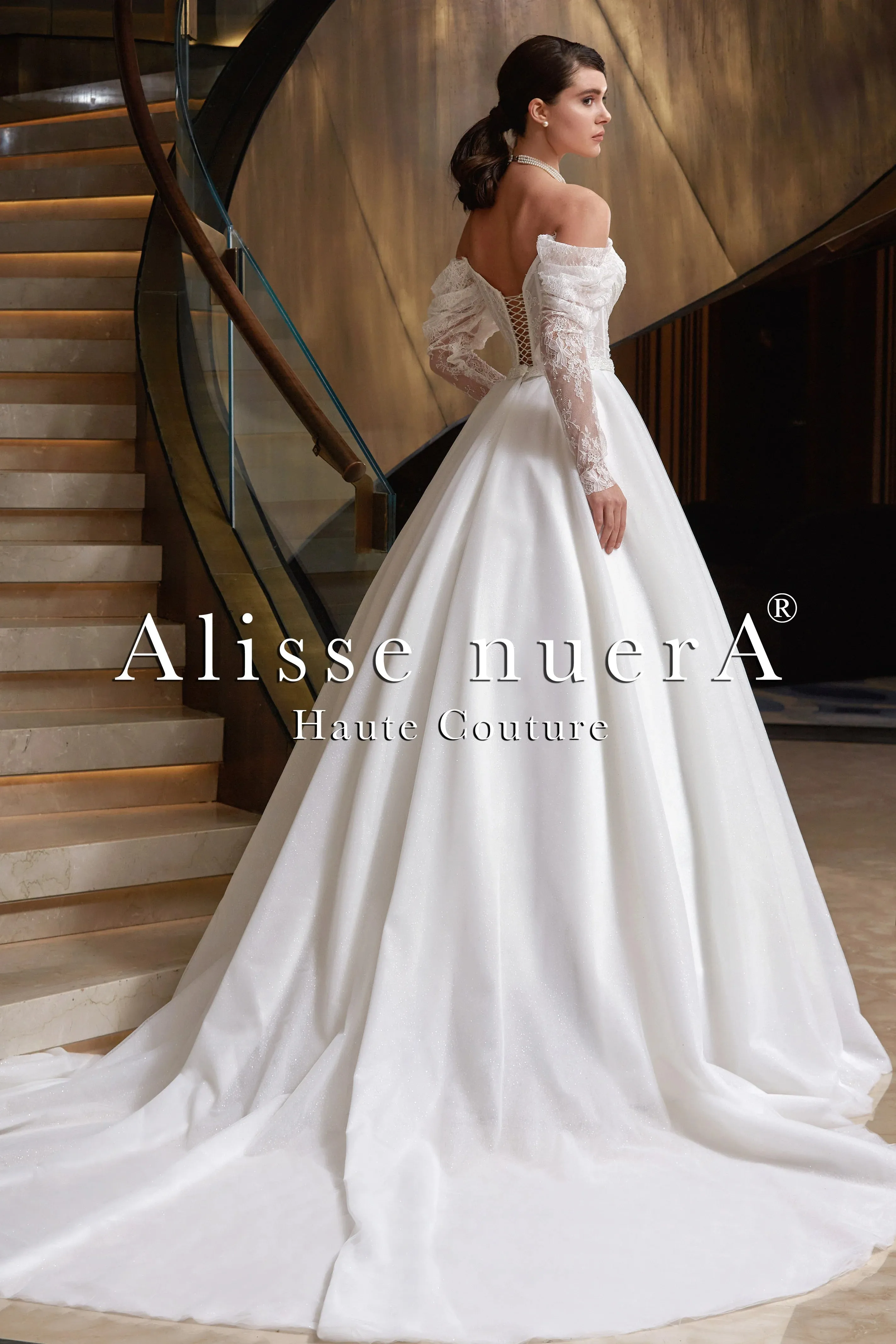 Romantic Off Shoulder Drape Sleeve Surplice Bridal Gown with Sparkling Stone Belt