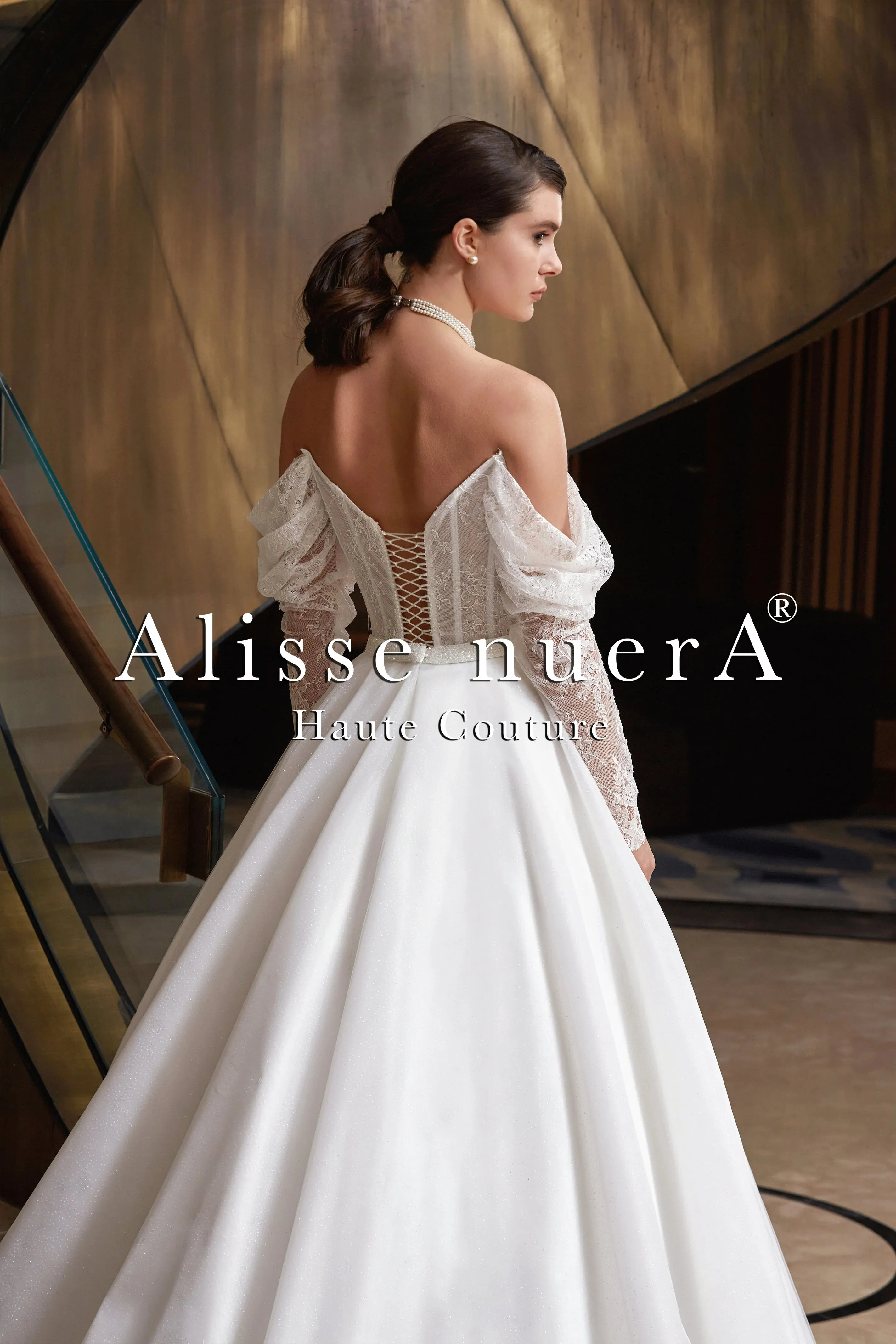 Romantic Off Shoulder Drape Sleeve Surplice Bridal Gown with Sparkling Stone Belt