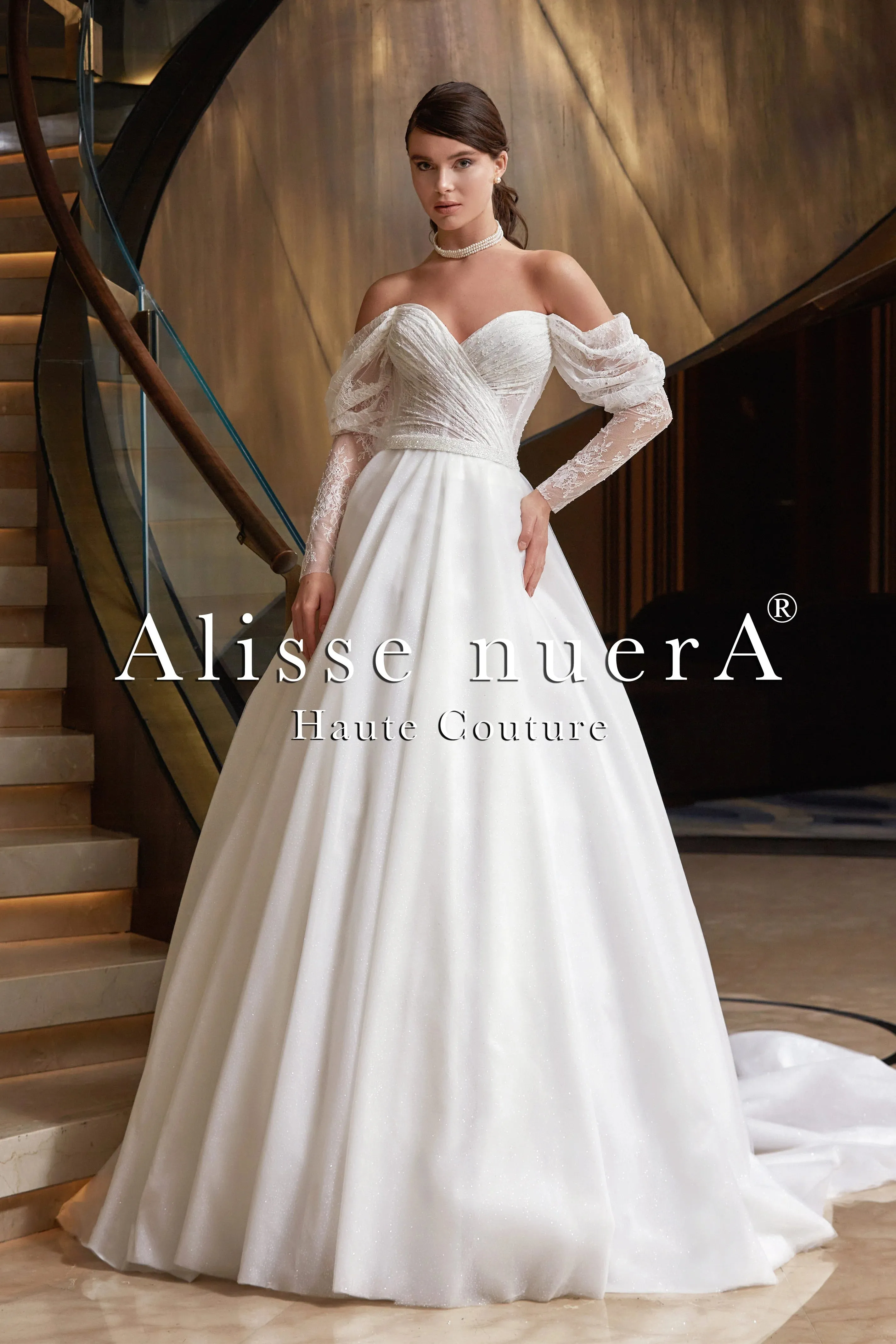 Romantic Off Shoulder Drape Sleeve Surplice Bridal Gown with Sparkling Stone Belt