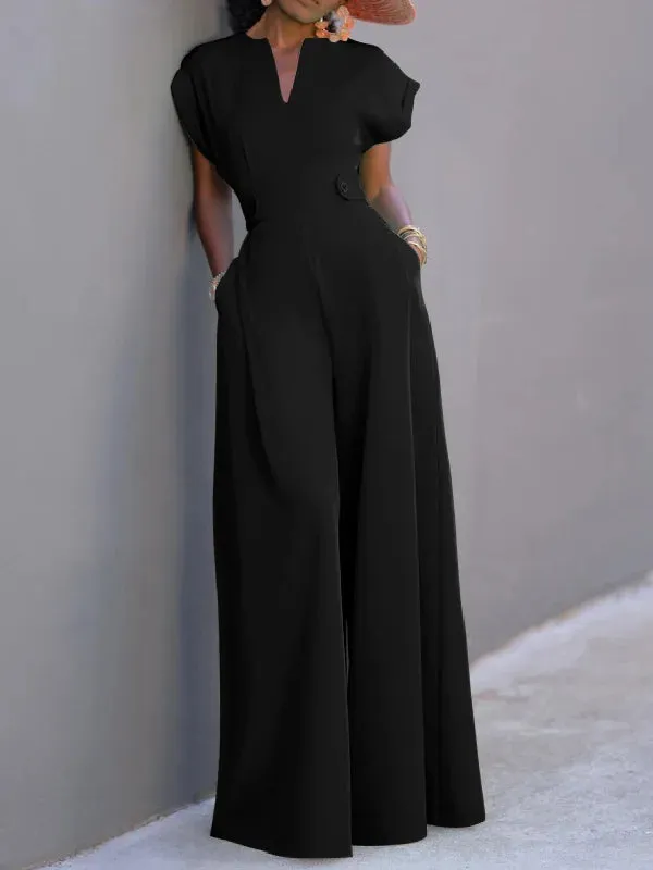 Urban Cap Sleeve Solid Color Wide Leg Jumpsuits 112913