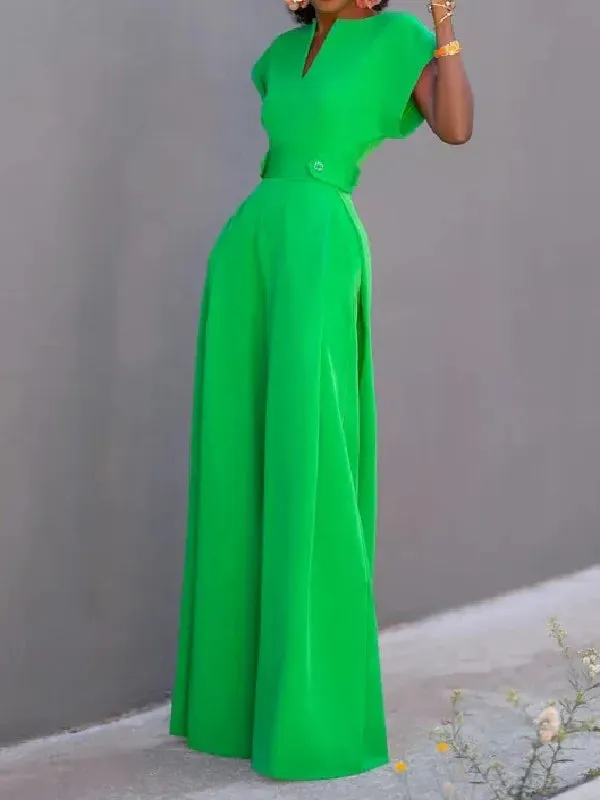 Urban Cap Sleeve Solid Color Wide Leg Jumpsuits 112913