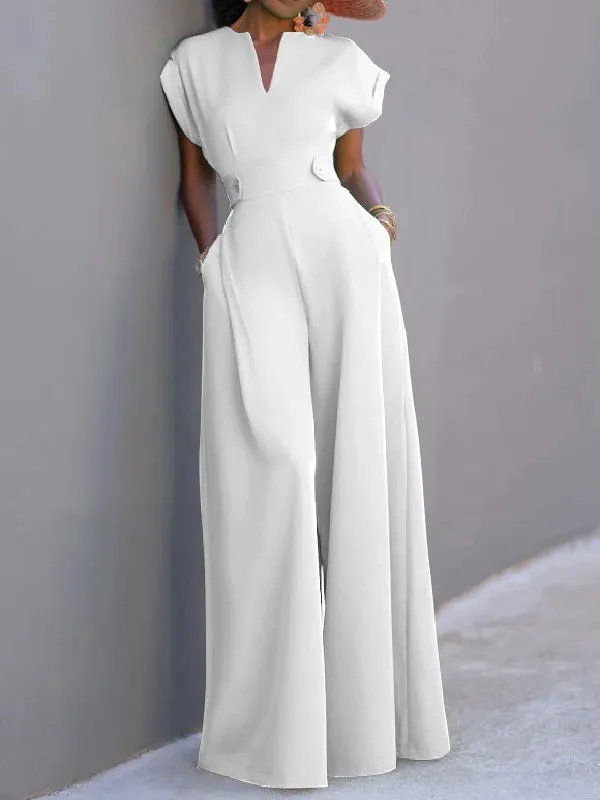 Urban Cap Sleeve Solid Color Wide Leg Jumpsuits 112913