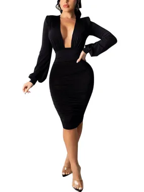 V Neck Long Puff Sleeve Ruched Midi Dresses