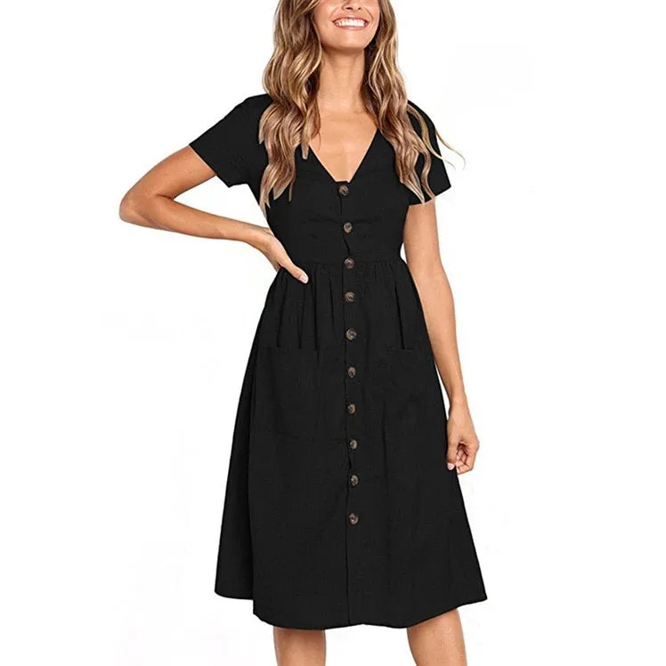 Women V-neck Short Sleeve Midi Dresses